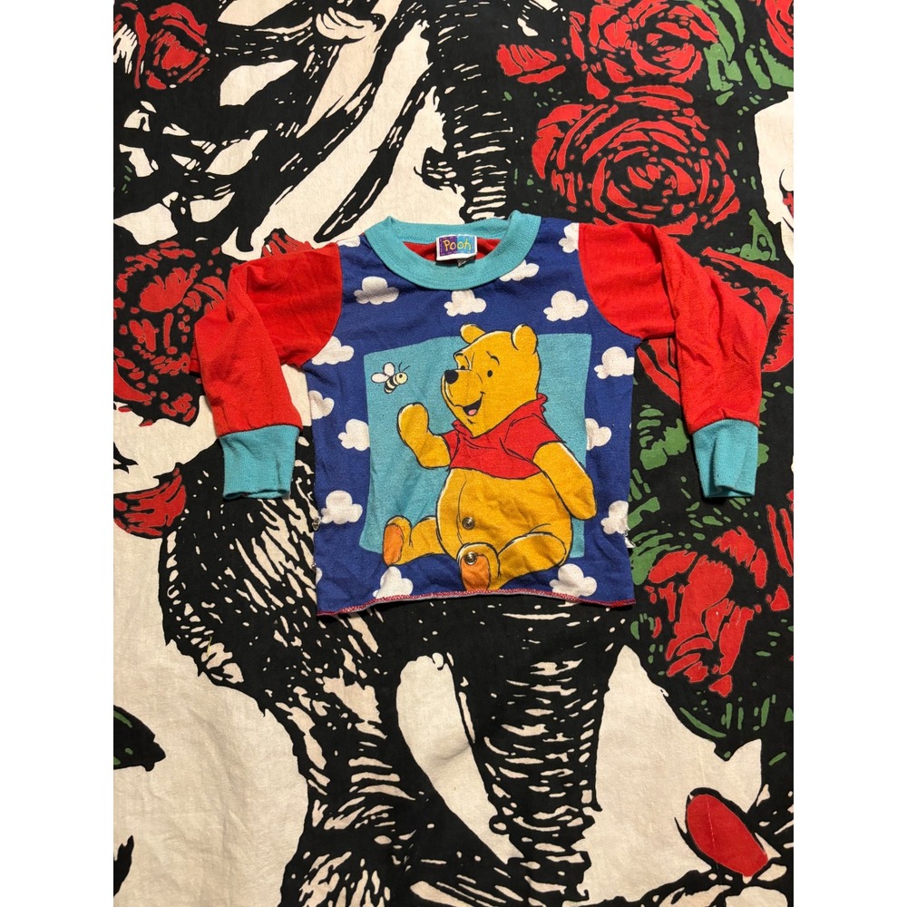 Vintage Pooh Disney Winnie the Pooh Pajama Top 2T Blue Red Cloud Print 90s Kids